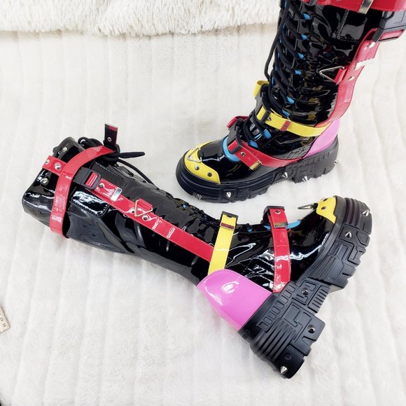 Space Cookies Hidden Wedge Platform Color Block Festival Punk Knee Boots - Picture 11 of 11